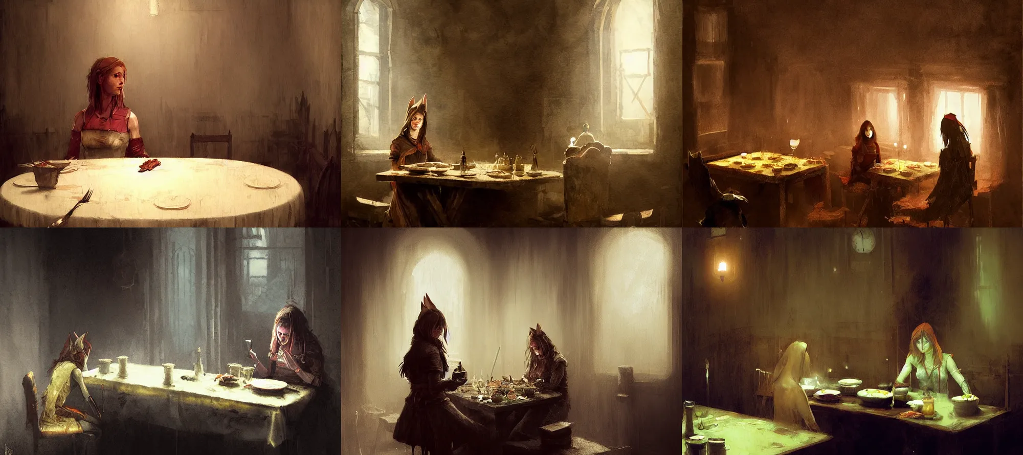 Prompt: maid marian silent hill eating dinner at a table in the backrooms happiness is temporary by greg rutkowski