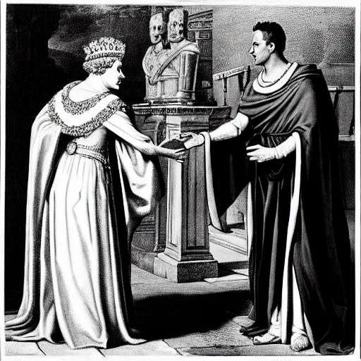 Image similar to detailed black and white photo of queen elizabeth ii meeting julius caesar in ancient rome