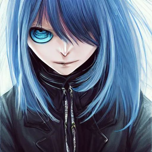 Prompt: full face shot of rimuru tempest, sky blue straight hair, long bangs, with amber eyes, wearing a fancy black jacket, high collar, ultra detailed, brush strokes, digital painting, cinematic, wlop artstation, closeup, pixiv, eerie, scary, intimidating, evil, yoshitaka amano, junji ito,