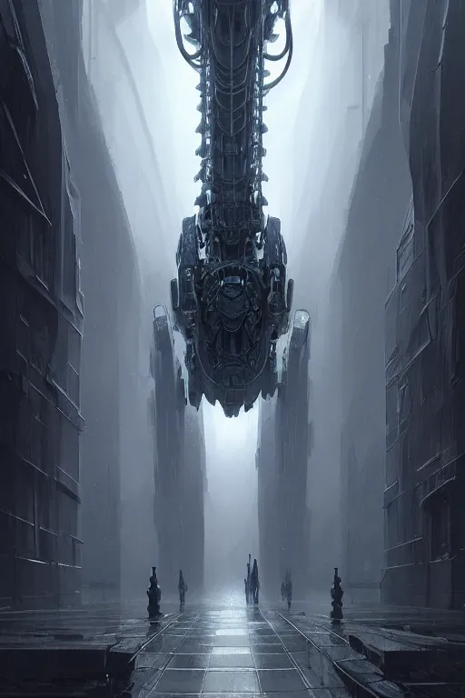 Image similar to professional concept art of a symmetrical! ominous floating mechanical steel terrifying giant thing in a dark room by artgerm and greg rutkowski. an intricate, elegant, highly detailed digital painting, concept art, smooth, sharp centred focus, illustration, in the style of cam sykes, wayne barlowe, igor kieryluk.