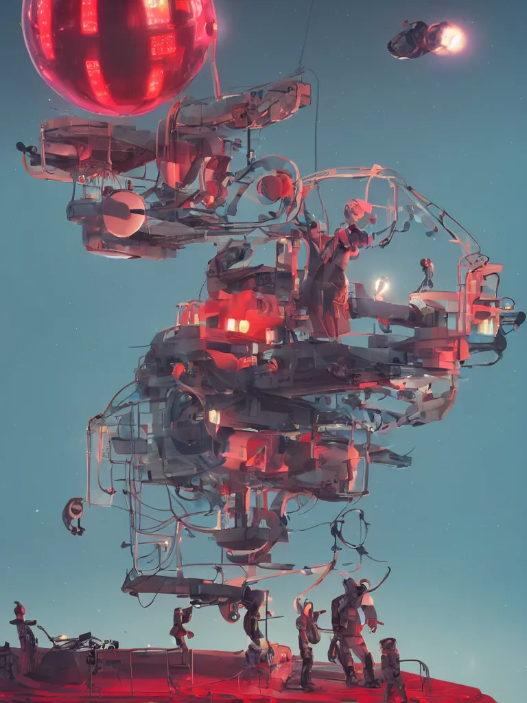 Prompt: graphic art of dystopian futuristic 1 0 mechanic surgeons in space suits, operate on a huge mickeymouse! severedhead!!!! held by a crane. ominous glowing red netflix!!! sign in the background, trending on art station, beeple!!, clean concept art, smooth, octane render