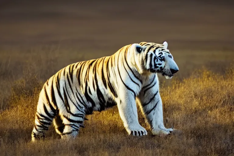 Image similar to a tiger polar bear!!! hybrid! hyper realistic!! realistic lighting!! wildlife photographer of the year!!! bold natural colors, national geographic, hd, wide angle, 8 k