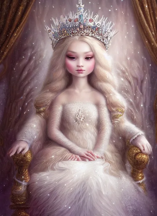 Prompt: highly detailed closeup portrait of a snow, ice princess wearing a crown and sitting on a throne surrounded by fluffy bears, nicoletta ceccoli, mark ryden, lostfish, earl nore, global illumination, god rays, detailed and intricate environment