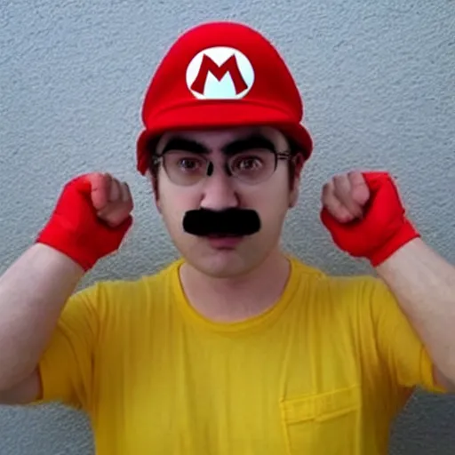 Image similar to a man poorly cosplaying super mario characters