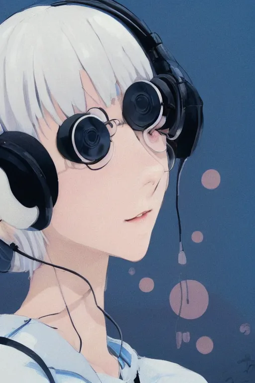 Image similar to a cute young woman listening to music with her eyes closed and wearing headphones by Range Murata, white bob cut hair, freckles, dark thunderclouds in the backround, blue filter, blue and white, vivid colors, soft lighting, cinematic, moody, nier automata, poster, oil on canvas, by Ilya Kuvshinov, by Krenz Cushart, 8k