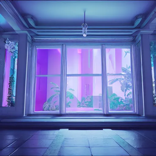 Prompt: vaporwave mansion, liminal space, high detail, rendered in unreal engine, 3d render, god rays, volumetric lighting, large windows