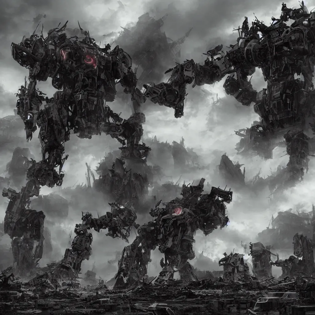 Prompt: giant mechas fighting over a ruined Japan, massive scale, atmospheric, fog, industrial, bulky, concept art, photorealistic, overcast, ground crew, wreckage