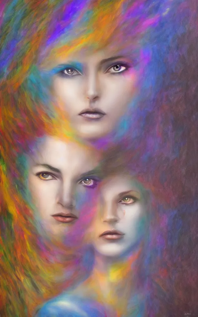 Prompt: iridescent spirit of desire and fear cruel beautiful spirit (androgynous) with golden eyes lunar mythos ambient fog, award winning oil painting, distinct color palette