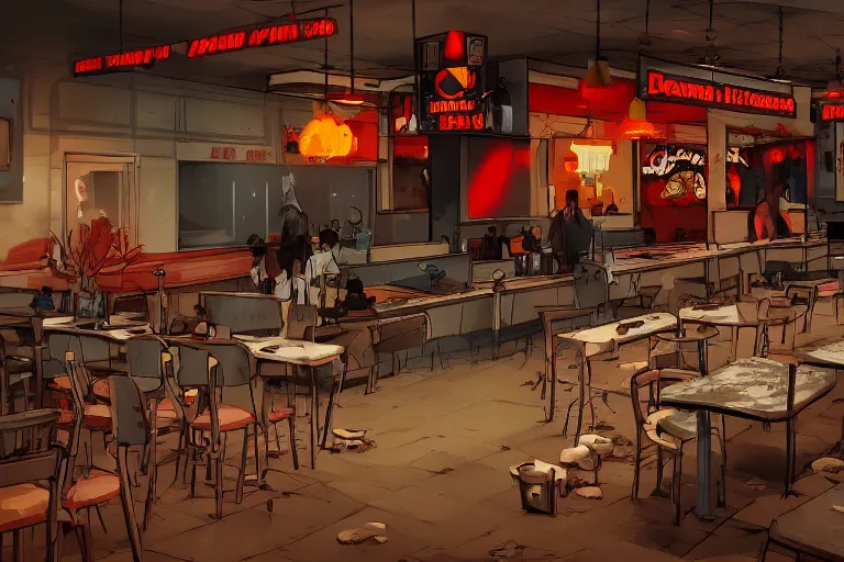 Image similar to the abandoned fast food restaurant of the dead crowded by demons, darkness, no light, hopeless, hell, artstation