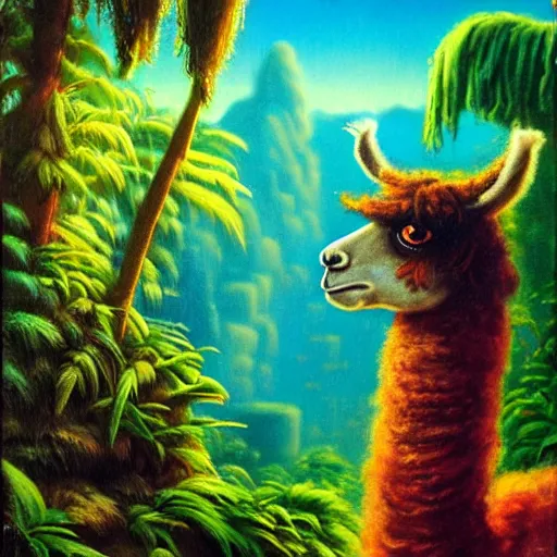 Image similar to llama with dreadlocks, smooth light, jungle in background, by Paul Lehr, detailed, macro