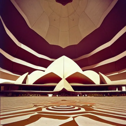 Image similar to interior of a futuristic lotus temple with gold, red and white marble panels, in the desert, by buckminster fuller and syd mead, intricate contemporary architecture, photo journalism, photography, cinematic, national geographic photoshoot