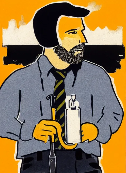 Image similar to full - body portrait of ben affleck wearing checkered shirt and white cap, holding a huge monkey wrench, by billy childish, thick visible brush strokes, shadowy landscape painting in the background by beal gifford, vintage postcard illustration, minimalist cover art by mitchell hooks