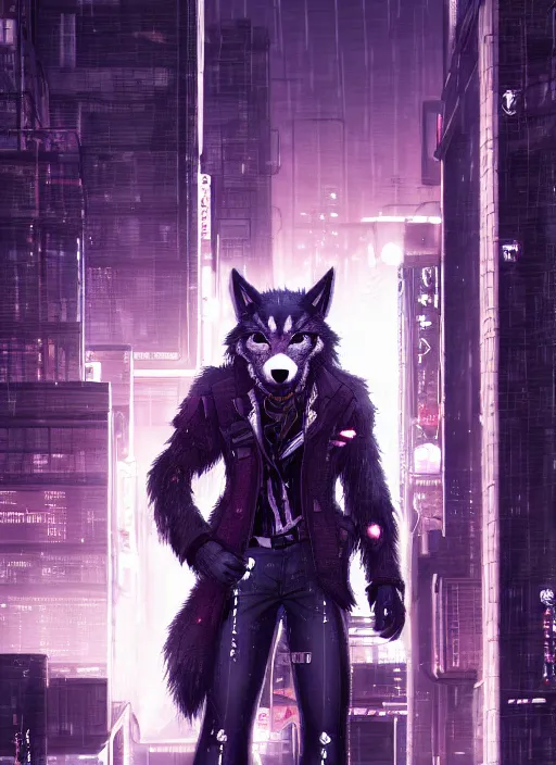 Image similar to character portrait of a male anthro wolf fursona with a tail and a cute beautiful attractive detailed furry face wearing stylish cyberpunk clothes in a cyberpunk city at night while it rains. hidari, color page, tankoban, 4K, tone mapping, Akihiko Yoshida.