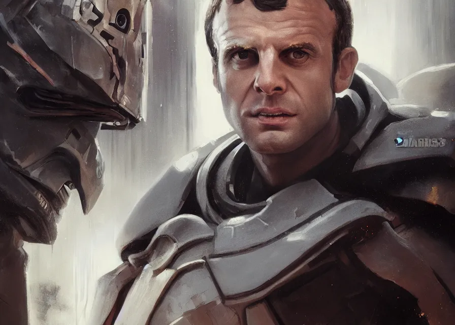 Image similar to painting portrait of Emmanuel Macron dressed as Malgus in Star Wars, sharp focus, waist up, trending on ArtStation, masterpiece, by Greg Rutkowski, by Ross Tran, by Fenghua Zhong, octane, clear eyes, soft render, clear facial features, oil on canvas, moody lighting, cinematic, professional environment concept art