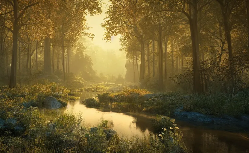 Prompt: a river in the middle of a forest at sunrise, vector art, trending on deviantart, highly detailed, high quality, 8 k, soft lighting, bloom, godrays, complementary colors, octane render, unreal engine 5, path traced, beautiful landscape, serene landscape, fancy colors