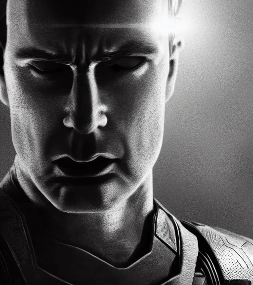 Prompt: captain America in pain and anger deep dark backlit night technoir cinematic monochromatic portrait photo by Leica Zeiss using force in detailed depth of field lens flare mcu style trending on artstation Flickr realistic hd by Kubrick and lucas