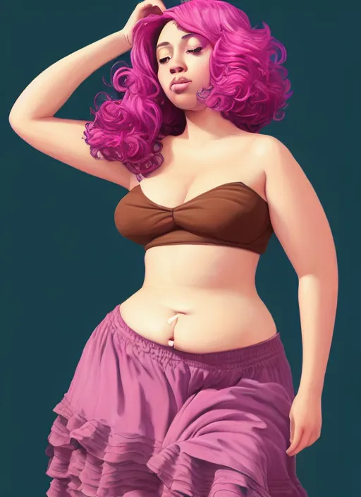 Image similar to full body portrait, teenage vanessa morgan, pink hair, brown skin, obese, curly pixie hair, sultry, realistic, short hair, hoop earrings, skirt, shirt, fat, belly, intricate, elegant, highly detailed, digital painting, artstation, concept art, smooth, sharp focus, illustration, art by wlop, mars ravelo and greg rutkowski