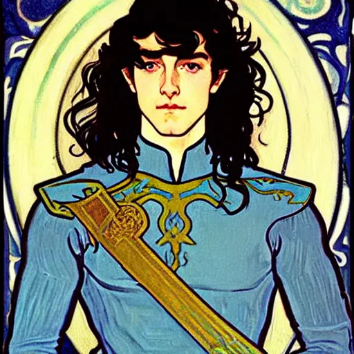 Image similar to portrait painting of young handsome beautiful paladin elf!! man with long! wavy dark hair and blue eyes in his 2 0 s named taehyung minjun james, pale, wearing armor!, gorgeous hair, elf ears, icy eyes, elegant, cute, delicate, soft facial features, art by alphonse mucha, vincent van gogh, egon schiele,