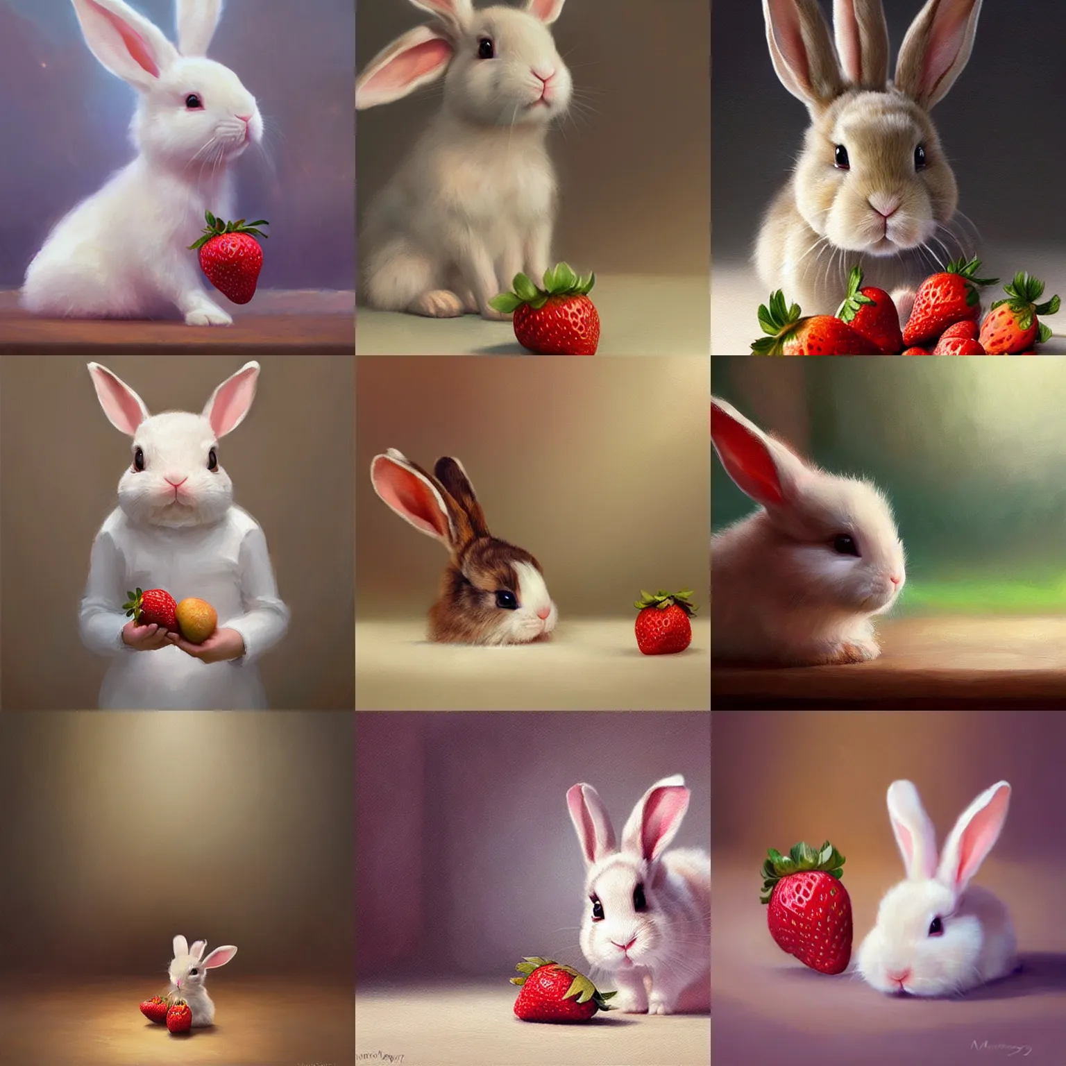 Prompt: a cute bunny looking at a strawberry. soft, atmospheric, warm lighting. highly detailed digital painting by mandy jurgens.