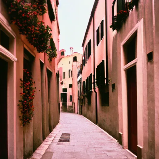 Image similar to kodak portra 8 0 0, flickr photograph view of a hallway street street with roses in neo - venezia in a calm breezy afternoon with a small store in one of the walls