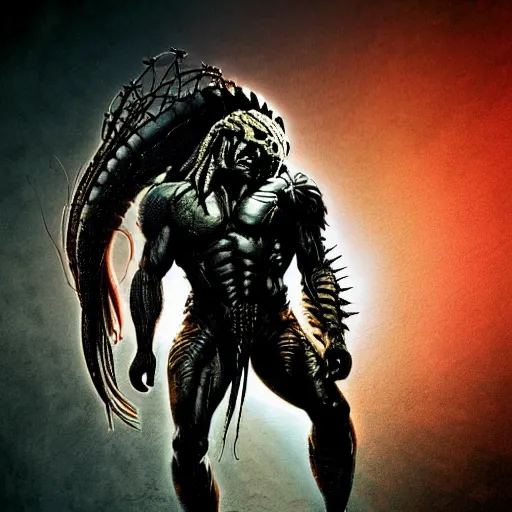 Image similar to predator from movie, full body picture, wide angle view, sci-fi, high definition details hyperrealistic, digital art, artstasion, deep depth of field