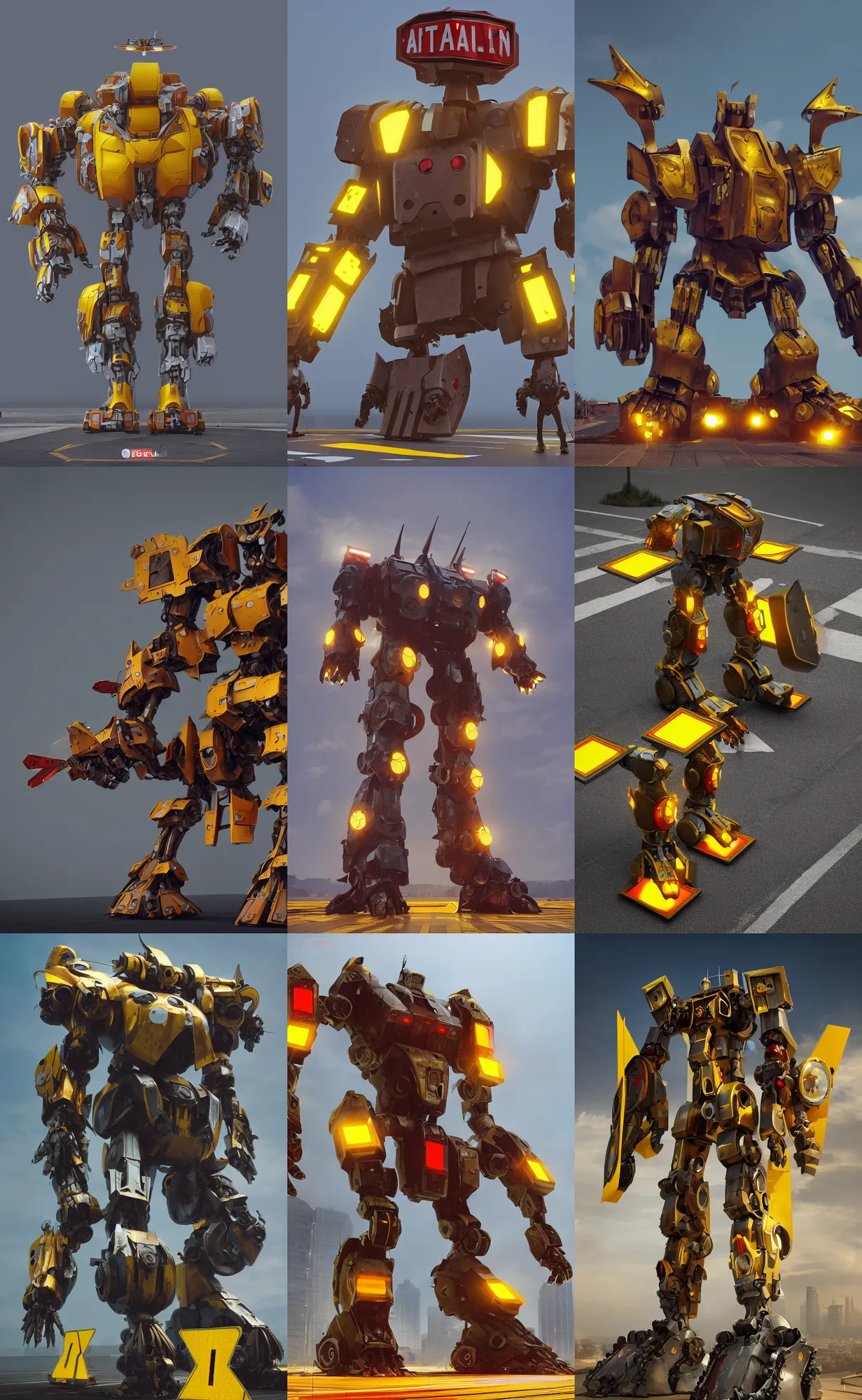 Prompt: giant mecha gladiator made of yellow road signs and a red stop sign on its head, character design trending on artstation, mecha, unreal engine, octane render, detailed model, hardsurface modelling, heavily stylized