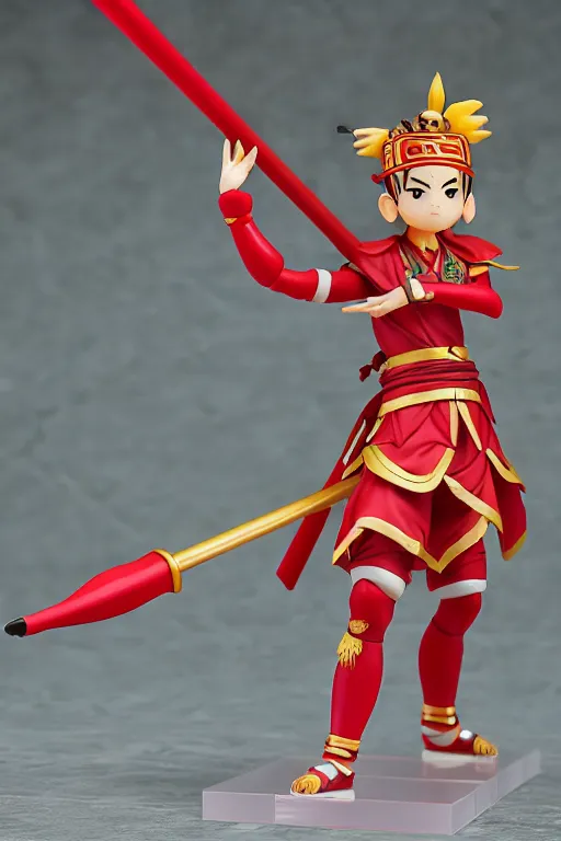 Image similar to arty chinese mythology ne zha nendoroid full body hyperdetalied, hero action pose, osamu tezuka, macoto takahashi, chibi, q posket, 8 k realistic, 3 d, cryengine, exquisite, red cloth around his shoulders, hold spear, ne zha ( 2 0 1 9 ), fenghua zhong,