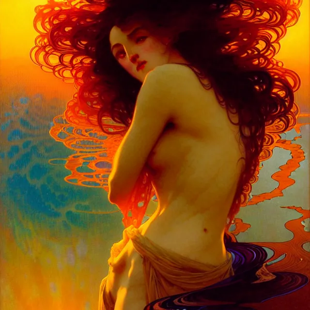 Image similar to transcendent mind bending indigo waves of glossy psychedelic liquid honey flowing like kaleidoscopic translucent amber, lsd waves, honey ripples, dramatic professional sunset, refracted lighting, art by collier, albert aublet, krenz cushart, artem demura, alphonse mucha