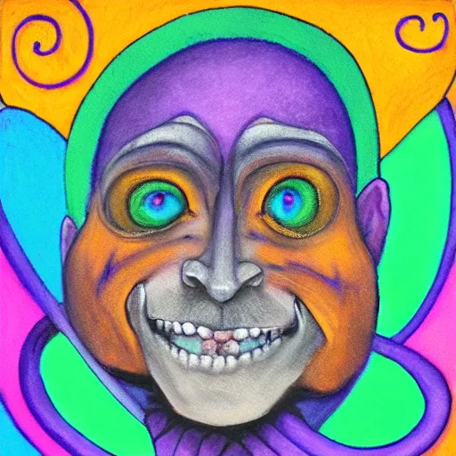 Prompt: “portrait painting of a jester with spiral eyes. He smiles like a Cheshire Cat. Above his head is an Infinity symbol. Pastel blurry background.”