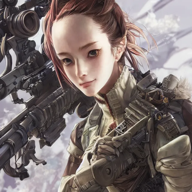 Image similar to the portrait of lawful neutral female futuristic infantry sniper as absurdly beautiful, gorgeous, elegant, young anime girl, an ultrafine hyperdetailed illustration by kim jung gi, irakli nadar, intricate linework, bright colors, octopath traveler, final fantasy, unreal engine 5 highly rendered, global illumination, radiant light, detailed and intricate environment