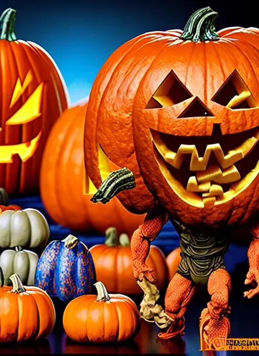 Image similar to hyperrealistic rendering, epic pumpkin overlord battle by art of skinner and richard corben and jeff easley, product photography, action figure, sofubi, studio lighting, colored gels