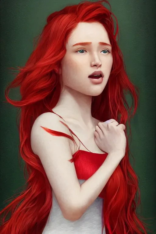 Prompt: beautiful cute red haired joyful and playful nineteen year old maiden standing up in casual green clothing, long hair, attractive face, modern city, rpg character, sci - fi, fantasy, intricate, elegant, digital painting, artstation, concept art, smooth, 8 k frostbite 3 engine, ultra detailed, art by artgerm and greg rutkowski and magali villeneuve