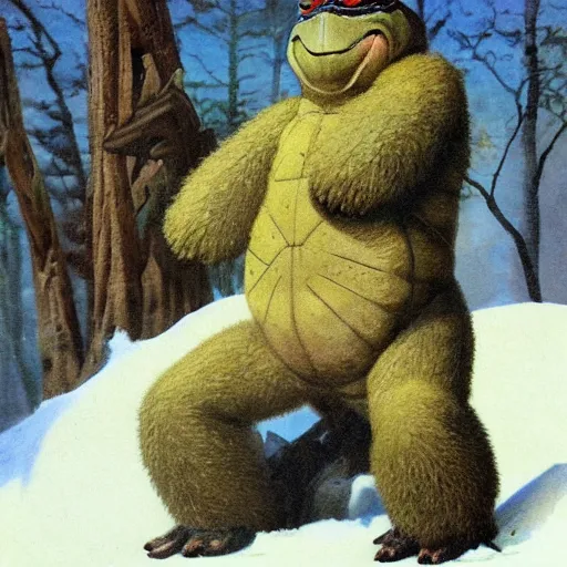 Image similar to anthropomorphic turtle humanoid in the snow wearing furs by frank frazetta