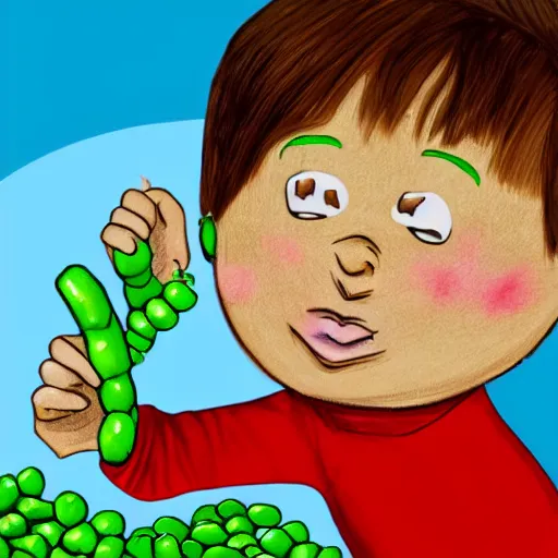 Prompt: an illustration of a child with a runny nose and sauerkraut arms running over peas, digital art