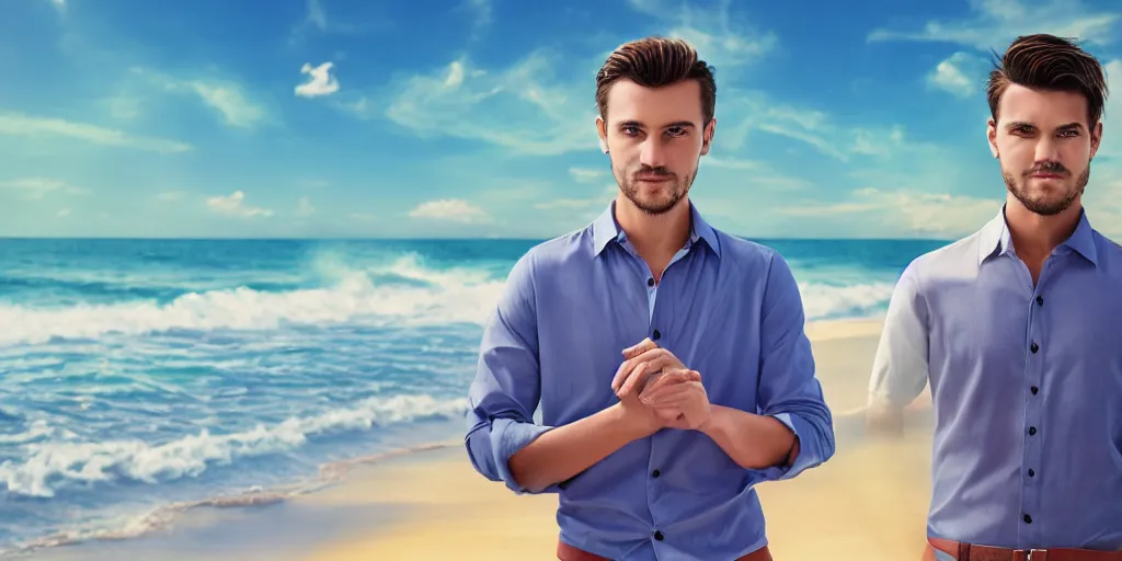 Image similar to a handsome guy is standing tall, in a beautiful shirt, with the beach, sea, sun, rays in the background? super detail, one character