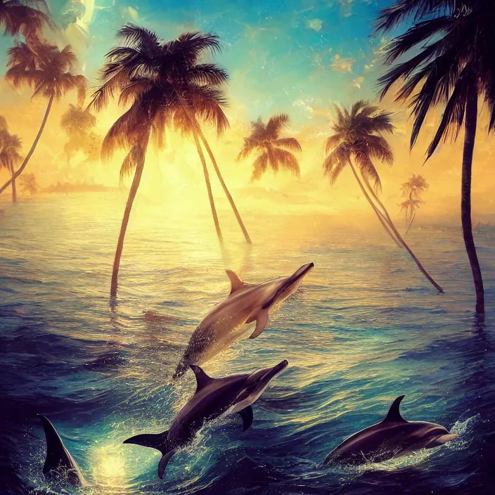 Prompt: dolphins swimming, golden hour, god rays, dreamscape by artgerm and ruan jia and ismail inceoglu and greg olsen, palm trees, cosmos, milky way galaxy, masterpiece, beautiful, intricate, elegant, highly detailed