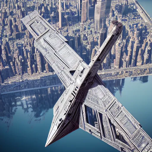 Prompt: 3 d point perspective, extreme long shot of the tip of an incommensurable imperial star destroyer hovering over the sky of new york city, tie fighters patrolling around, golden hour, deep depth of field, make all elements sharp, aerial view, 8 k, octane render, unreal 5, hyperrealistic, symmetrical, intricate digital art, photoshop, cgi art