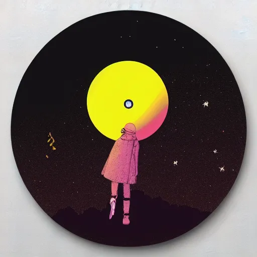 Image similar to a photo of a music disc floating by inio asano, aya takano color style, 4 k, super detailed, night sky, digital art, digital painting, celestial, majestic, colorful