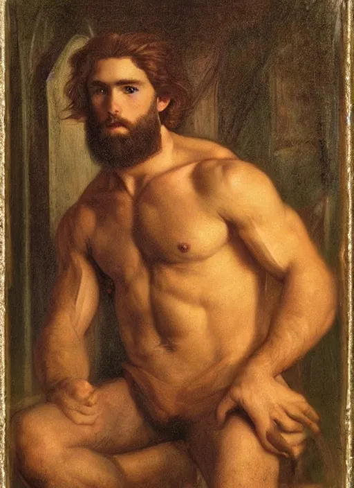Prompt: Pre-Raphaelite young beautiful muscular brown-haired bearded muscular male, neon light