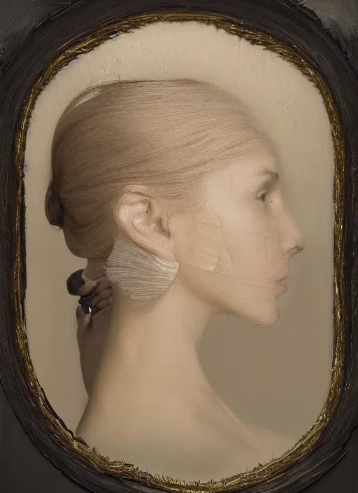 Prompt: a woman's face in profile, looking up, made of exotic transparent feathers, in the style of the Dutch masters and Gregory Crewdson, dark and moody