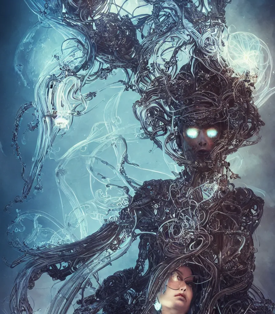 Prompt: queen of death. intricate portrait, occult cyberpunk, ancient futuristic, dark art, occult. intricate biomechanical bioluminescent halo, cybernetic jellyfish tentacles, by Petros Afshar, by artgerm, by Eddie Mendoza, by Peter mohrbacher by tooth wu, unreal engine, octane render, cinematic light, high details