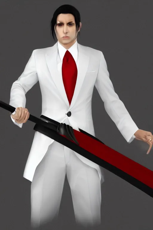 Image similar to man with black hair in a white suit and a red tie wielding a katana, concept art, 8 k, trending on deviant art.