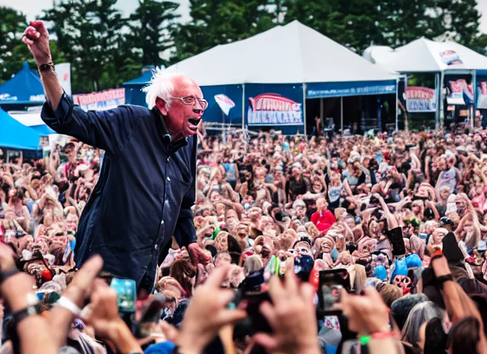 Image similar to photo still of bernie sanders at vans warped tour!!!!!!!! at age 8 0 years old 8 0 years of age!!!!!!! stage diving into a crowd, 8 k, 8 5 mm f 1. 8, studio lighting, rim light, right side key light