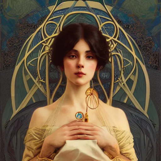 Image similar to portrait of nimueh, elegant, art nouveau, tarot card, highly detailed, digital painting, artstation, concept art, smooth, sharp focus, illustration, art by artgerm and greg rutkowski and alphonse mucha and william - adolphe bouguereau