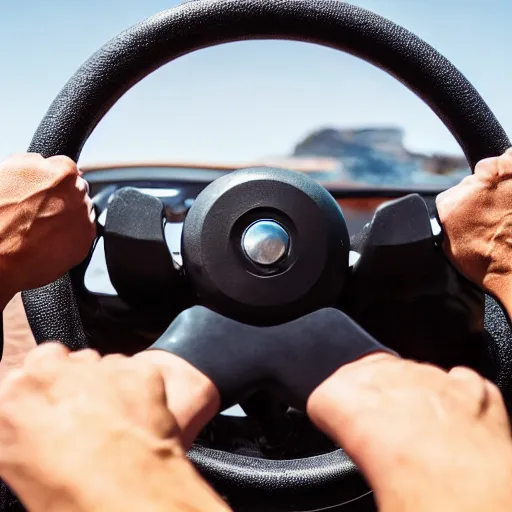 Image similar to muscular arm gripping a steering wheel at the top, first person pov, detailed,