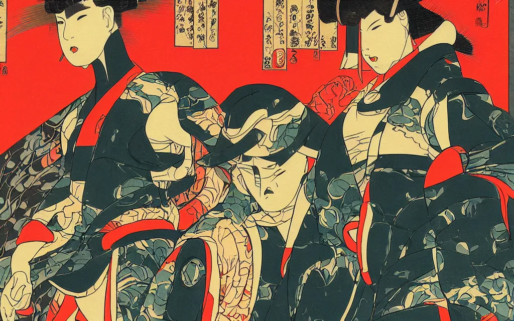 Image similar to digital cyber punk ukiyo-e painting, artstation