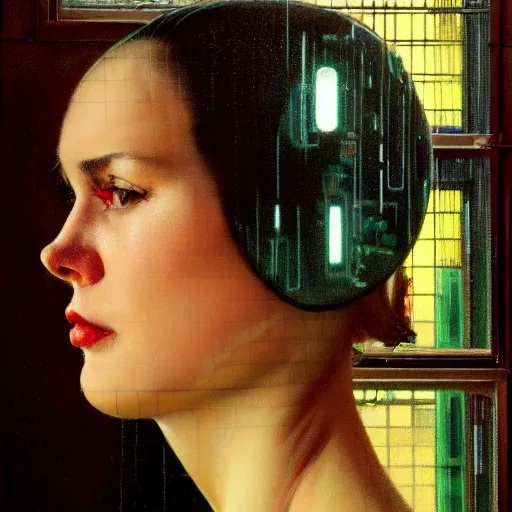 Image similar to detailed portrait of a woman, moment, cyberpunk cloisters, electronic billboards, tech noir, wet reflections, atmospheric, ambient, wlop, norman rockwell, alexis flower, hopper, livia prima, greg rutkowski, george tooker, gil elvgren, norman rockwell, alexis flower, hopper, mucha, whistler, norman rockwell, peter max,