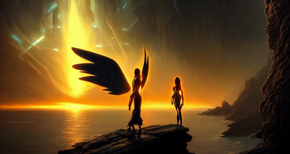 Prompt: tron legacy wings in front mind bending sunset, cliffside ocean scene, backlit, aesthetic, elegant, diffuse lighting, hyper realistic, elegant, intricate, hyper detailed, smooth, sharp focus, concept art, illustration, trending on artstation, art by artem demura, greg rutkowski, james gurney, and alphonse mucha