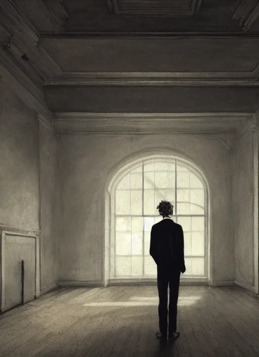 Image similar to Keaton Henson in an empty room art concept art, sharp focus, artgerm, 8k highly detailed