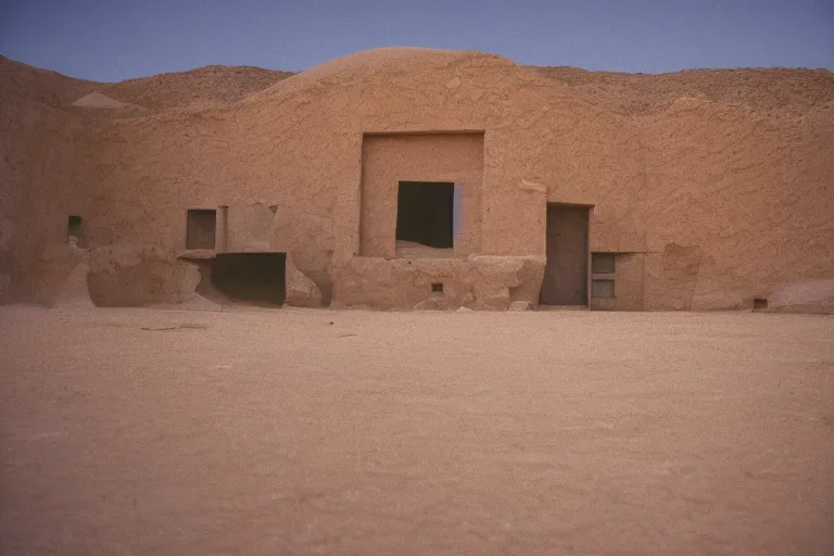 Prompt: film still of non-euclidian architecture in the desert, cinestill 800t 35mm full-HD